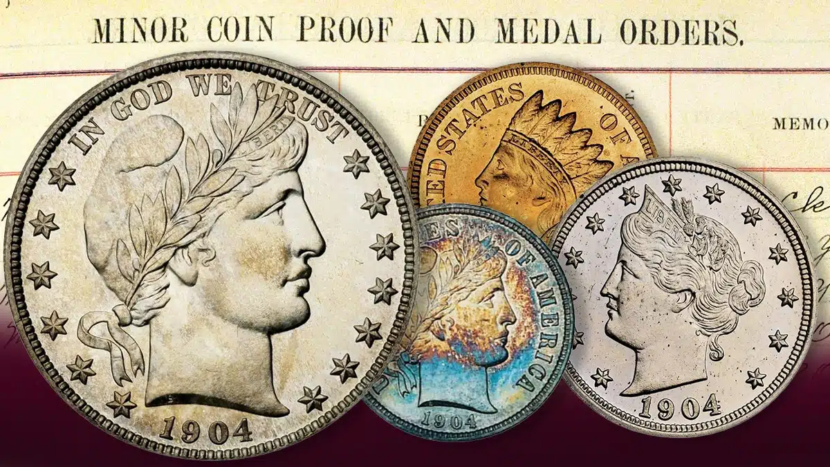 1904 Proof coins seen over a ledger entry for Proof coin and medal orders.