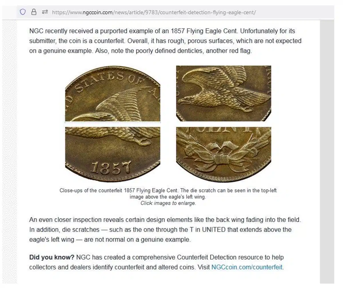 NGC Screenshot of an 1857 Flying Eagle cent counterfeit diagnostics article.