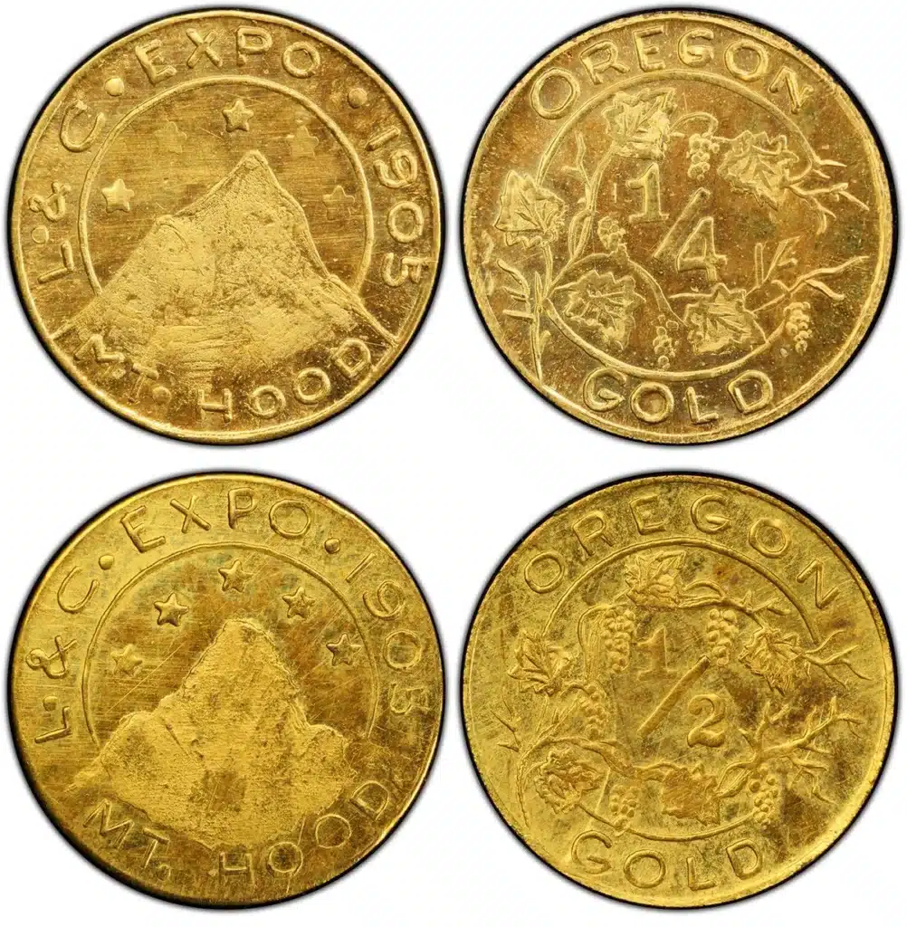 The souvenir Oregon Gold Tokens in 1/4 and 1/2 denominations. Courtesy of PCGS TrueView.