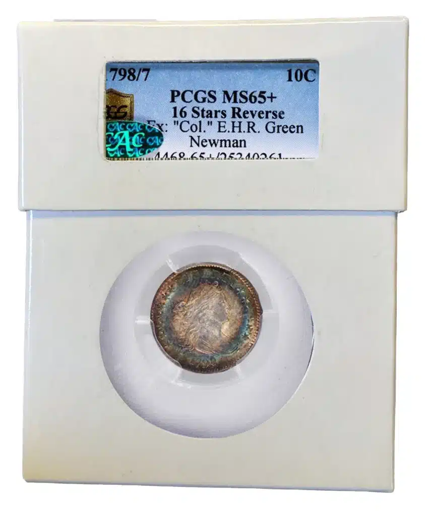 1798/7 Draped Bust Dime with original toning housed in an Intercept Shield holder. This coin was graded MS65+ by PCGS and is CAC approved. Image: CoinWeek.