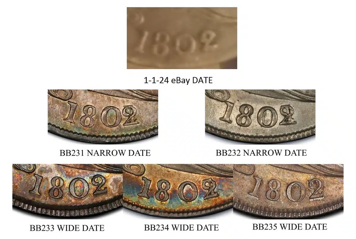 Counterfeit 1802 dollar date style compared to date styles of known varieties. Image: PCGS / Jack Young.