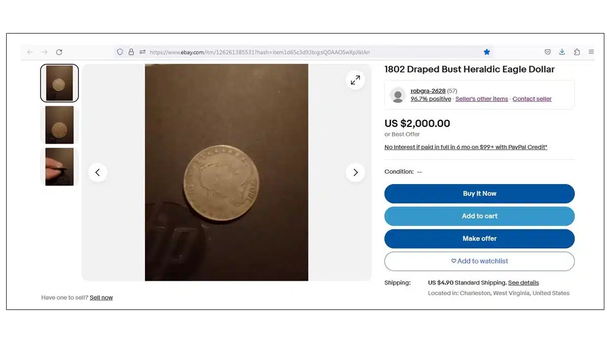 Counterfeit 1802 Draped Bust Dollar listed on eBay.