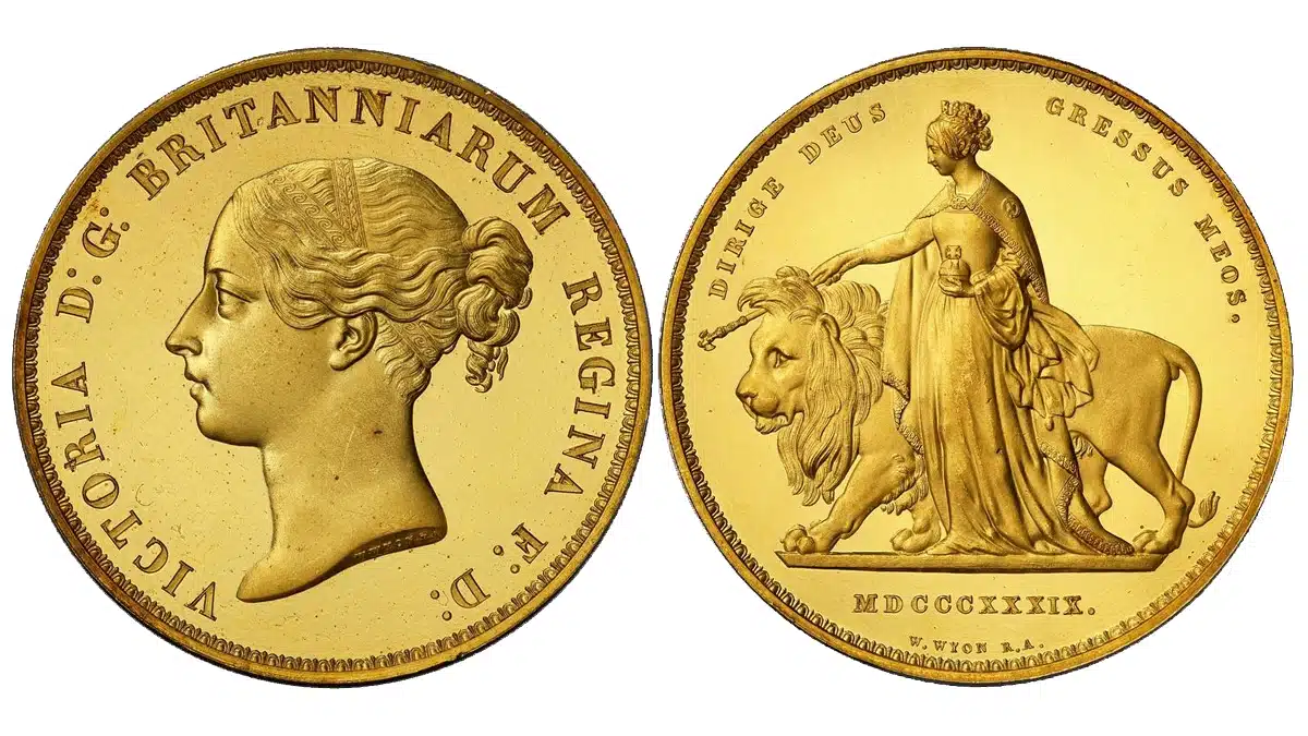 1839 Great Britain Una and the Lion 5 Pounds gold pattern coin. Image: PCGS.