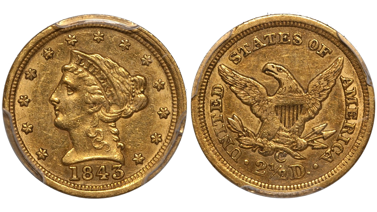 1843-C LARGE DATE $2.50 PCGS AU58 CAC