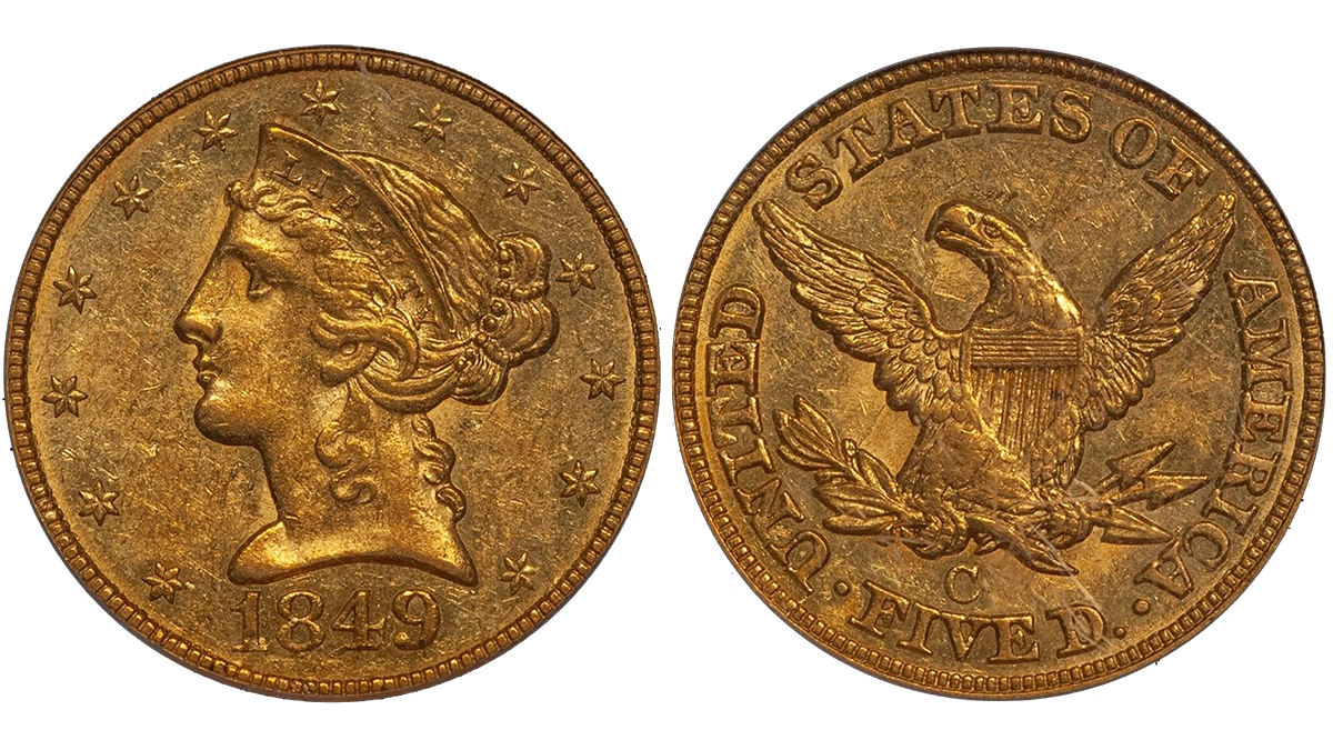 1849-C $5.00 PCGS AU58 CAC