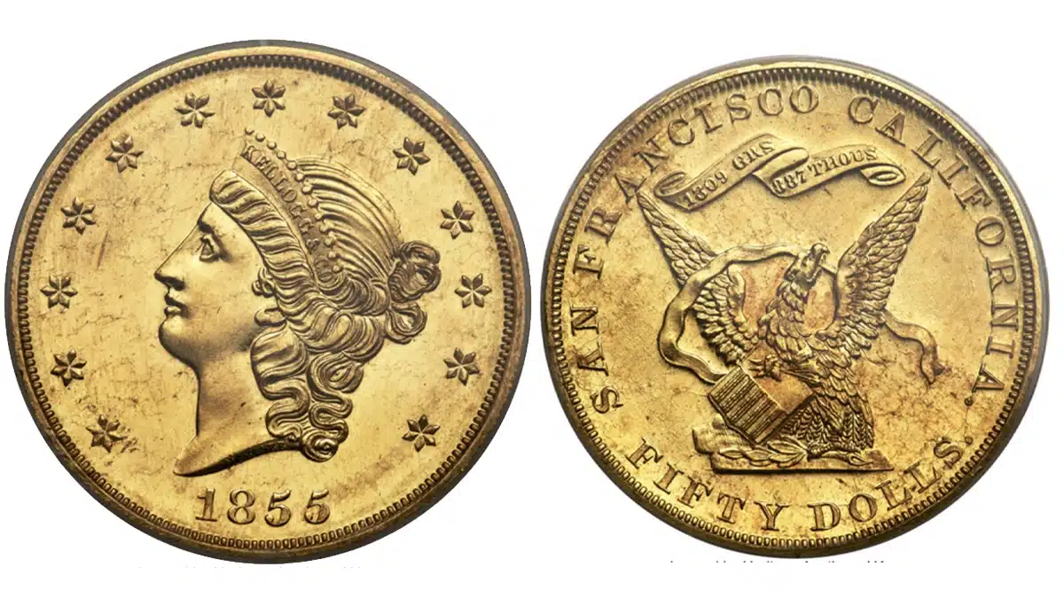 1855 Kellog & Company $50 Gold Piece. Image: Heritage Auctions.