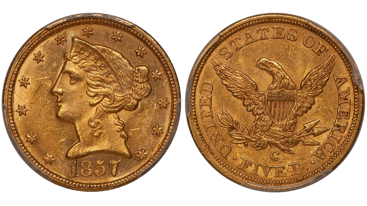 1857-C $5.00 PCGS MS62+