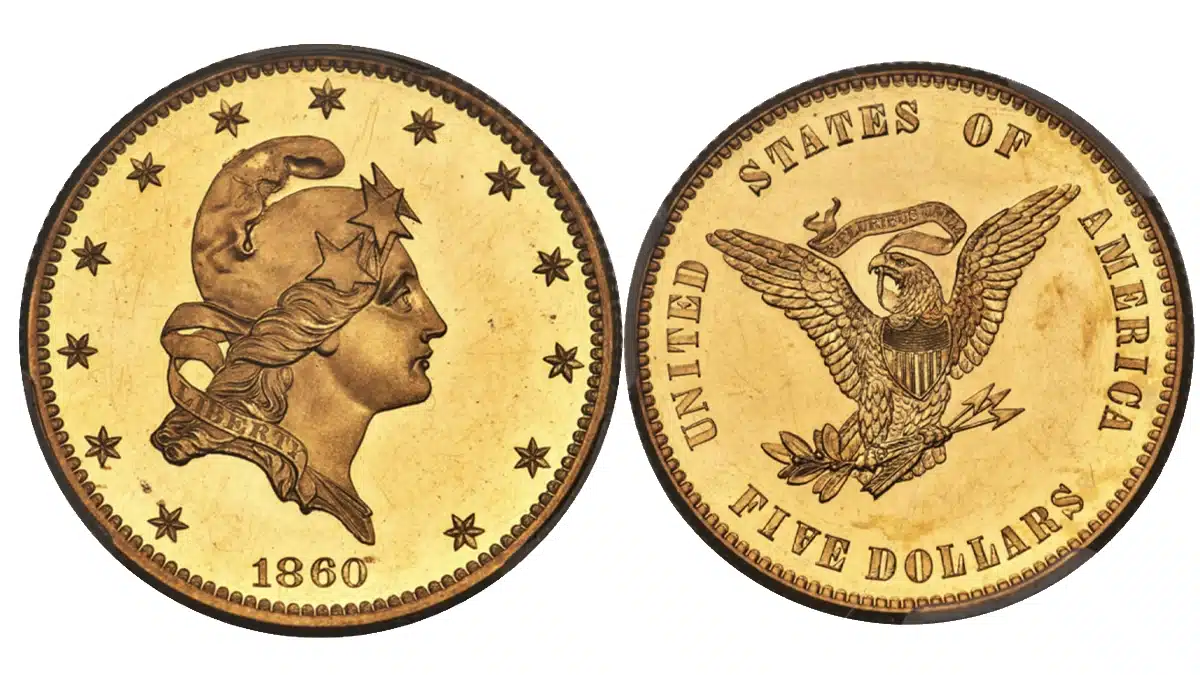 1860 Pattern Five Dollar Gold Coin. Image: Heritage Auctions.