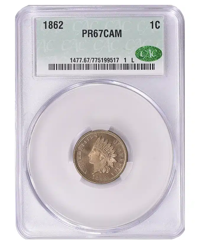 A 1862 Indian Head cent in Proof graded CAC PR67CAM. Image: GreatCollections.
