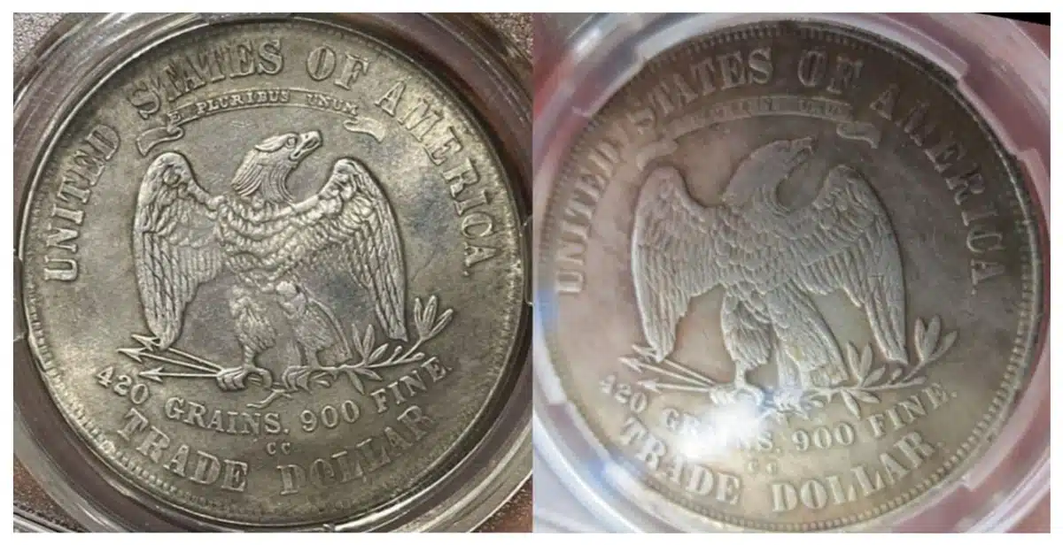 Counterfeit 1874-CC Trade dollar reverses.