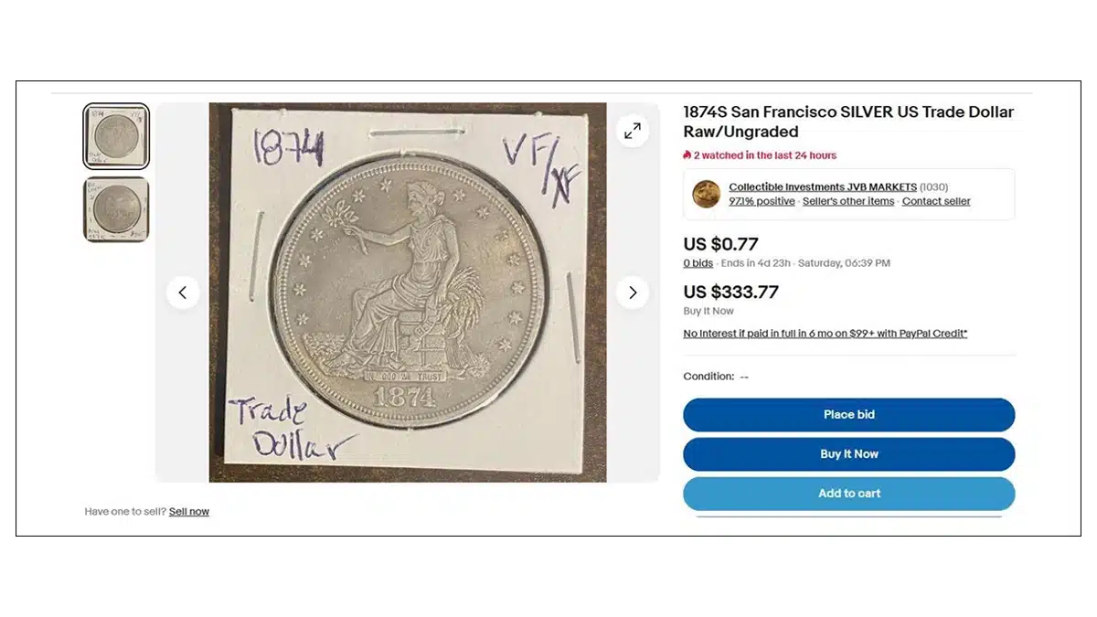 Counterfeit 1874-S Trade Dollar. Image: from an eBay listing.
