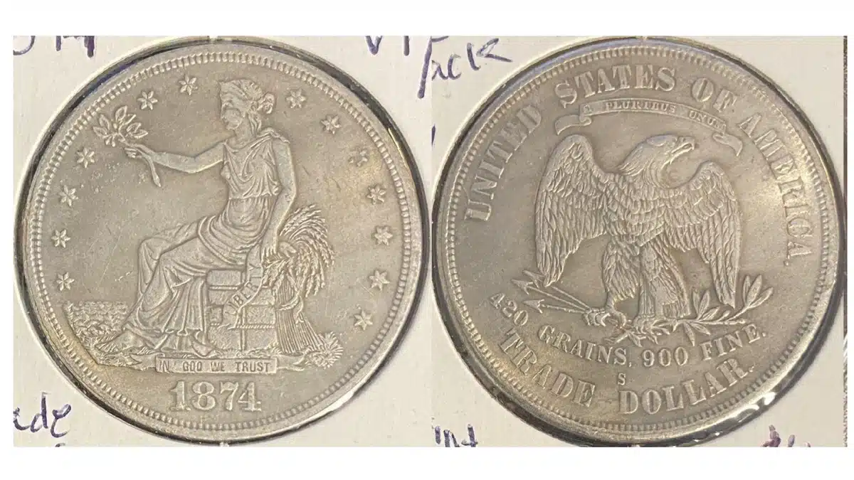 Close up of the 1874-S Trade Dollar listed on eBay.