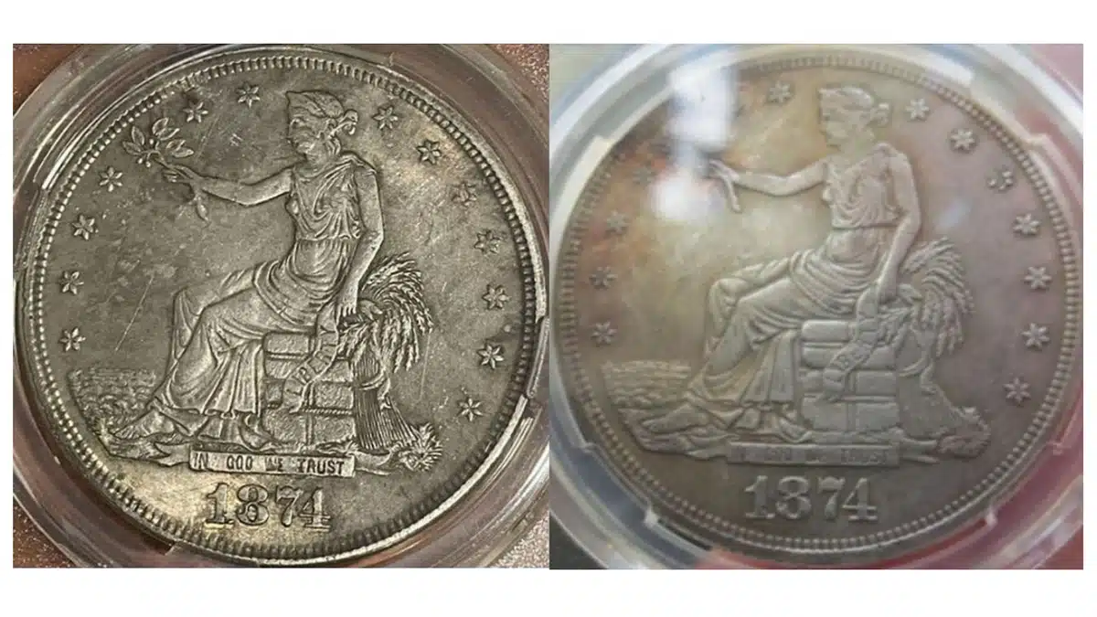 Two counterfeit 1874-S Trade Dollar obverses. Image: from an eBay listing.
