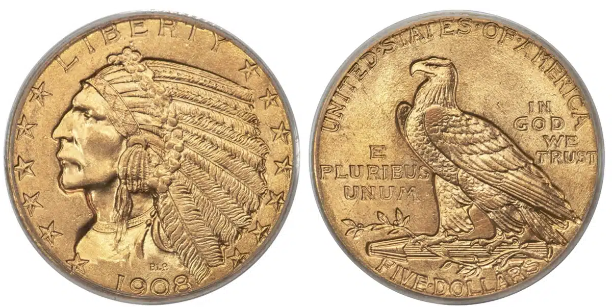 A 1908 Indian Head Half Eagle graded PCGS MS65 CAC. Image: Heritage Auctions.