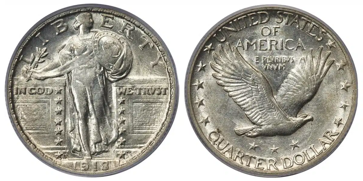 A 1918/7 Standing Liberty quarter graded PCGS AU55 CAC. Image: Heritage Auctions.