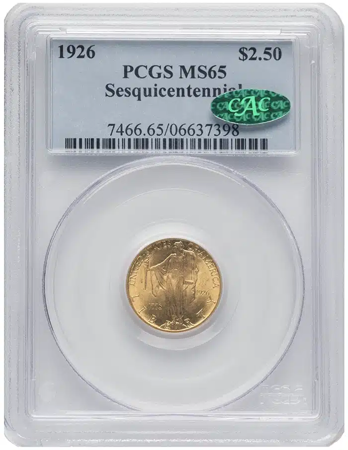 1926 Sesquicentennial Quarter Eagle Commemorative gold coin graded PCGS MS65 CAC. Image: Heritage Auctions.