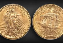 1927-D Saint-Gaudens Double Eagle $20 Gold Coin. This example, graded PCGS MS66, realized $4,400,000 at an April 22, 2022 Heritage Auction. Image: Heritage Auctions.