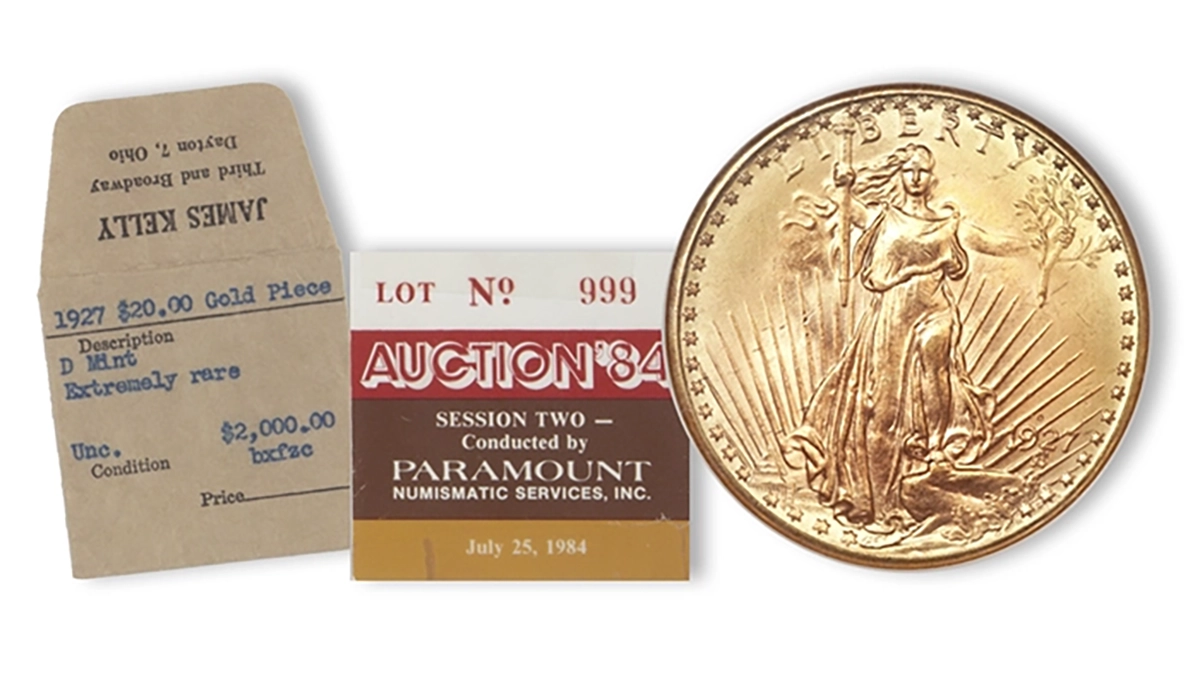 MAcDonell's 1927-D Saint Gardens Double Eagle and coin envelopes from James Kelly and Paramount's Auction '84 Section. Image: Heritage Auctions / CoinWeek.