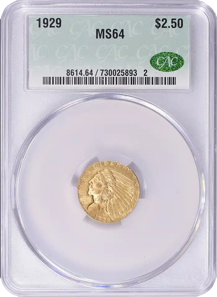 A 1929 Indian Head Quarter Eagle graded CAC MS64. Image: Stack's Bowers.