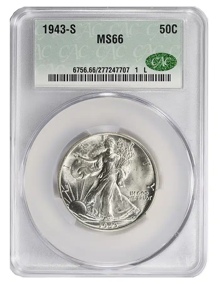 A 1943-S Walking Liberty half dollar graded MS66 by CAC Grading.