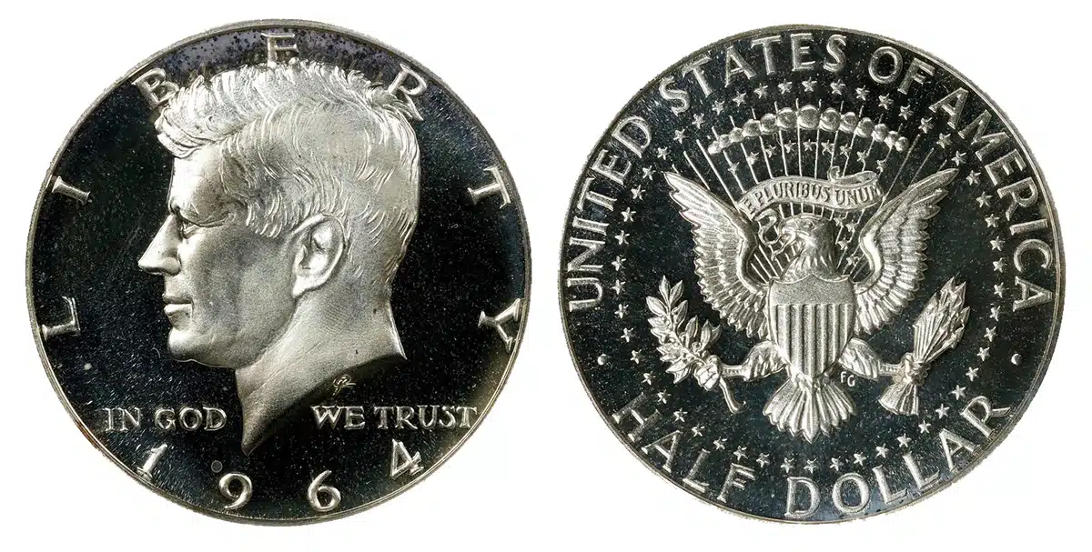 A 1964 Kennedy Half Dollar Proof graded PCGS PR69DCAM. Stack's Bowers sold this coin in June 2023 for $1,680.