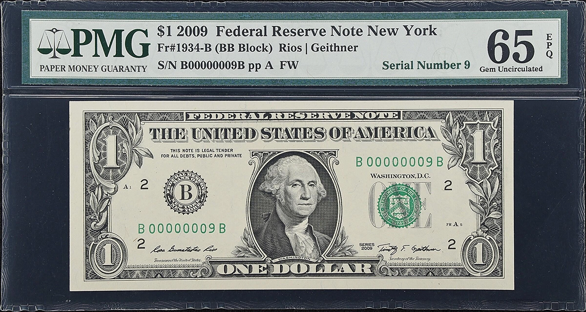 Fr. 1934-B. 2009 $1 Federal Reserve Note. New York. PMG Gem Uncirculated 65 EPQ. Low Serial Number.