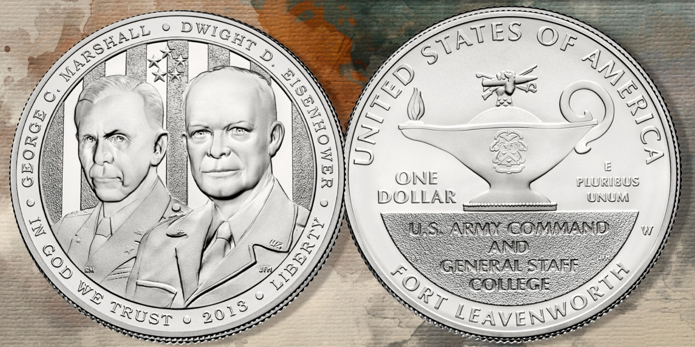 2013 Five-Star Generals Dollar. This military coin features George C. Marshall and Dwight D. Eisenhower. Image: US Mint / CoinWeek.