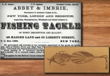 1876 Advertisement for Abbey & Imbrie. Image: Ron Gast / luresnreels.com. Inset: Abbey Fishing Lure Illustration. Image: John Lupia III.