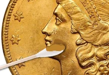 Adding skin to a double eagle using a Q-Tip. Image: CoinWeek.