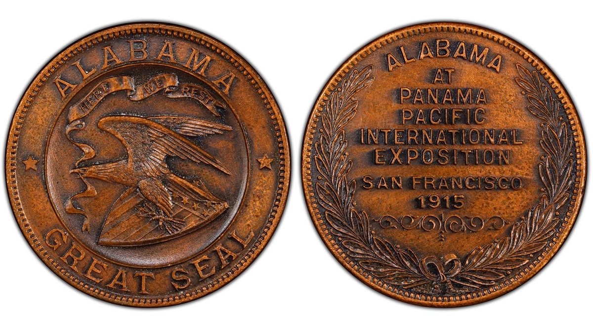 The Alabama State Fund So-Called Dollar Bronze, cataloged as PCGS #643856, HK-402. Courtesy of PCGS TrueView.
