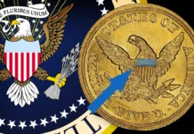 Azure Shield as it appears on the Coat of Arms of the President of the United Statse and a Liberty Shield on the back of a Liberty Head half eagle gold coin. Image: CoinWeek.