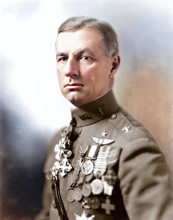 This is a colorized photograph of Brigadier General Billy Mitchel.