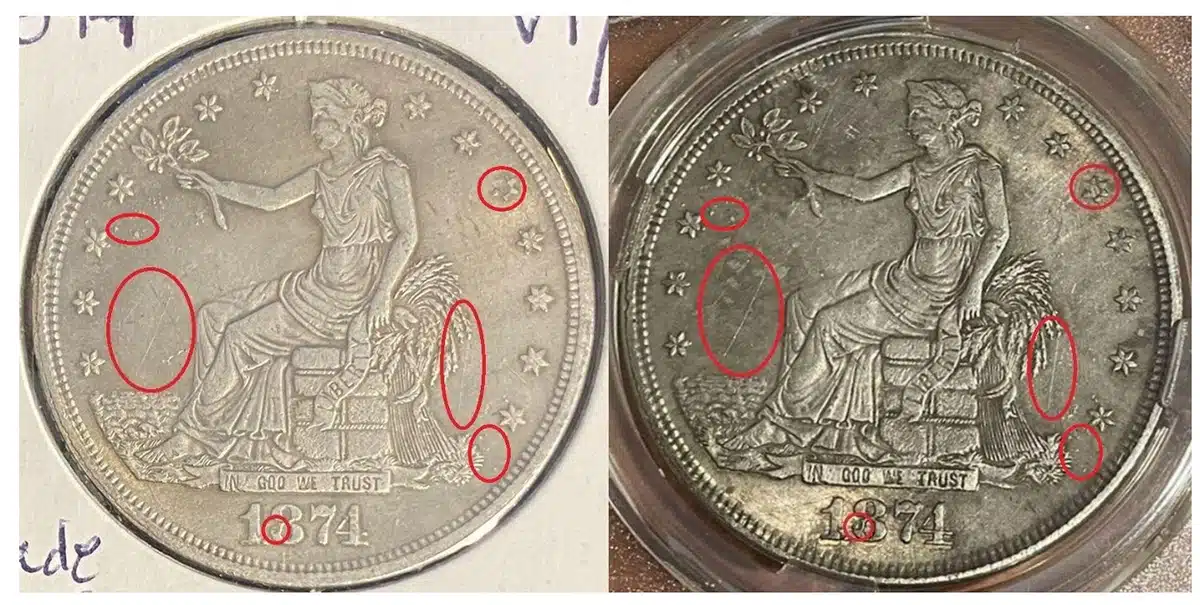 Matching die markers on two counterfeit 1874 Trade dollars.