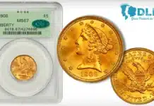 David Lawrence Rare Coins offers this condition census 1908 Liberty Head Half Eagle in an online auction closing Juanary 14, 2024.
