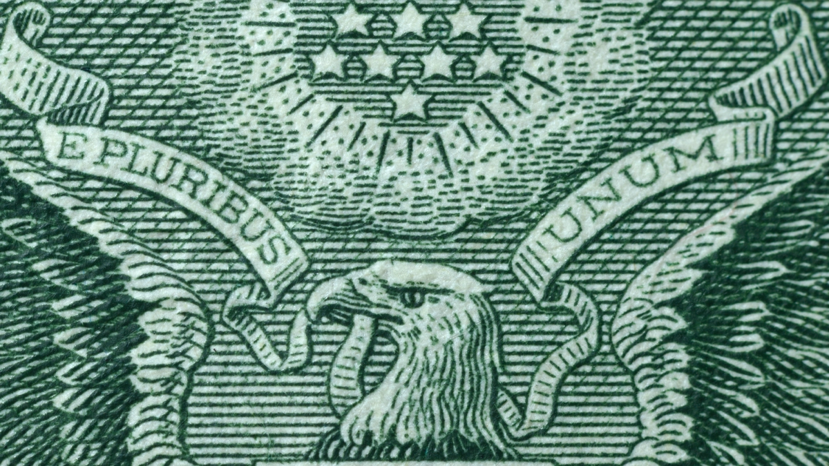 E Pluribus Unum as it appears on the back of a $1 bill.