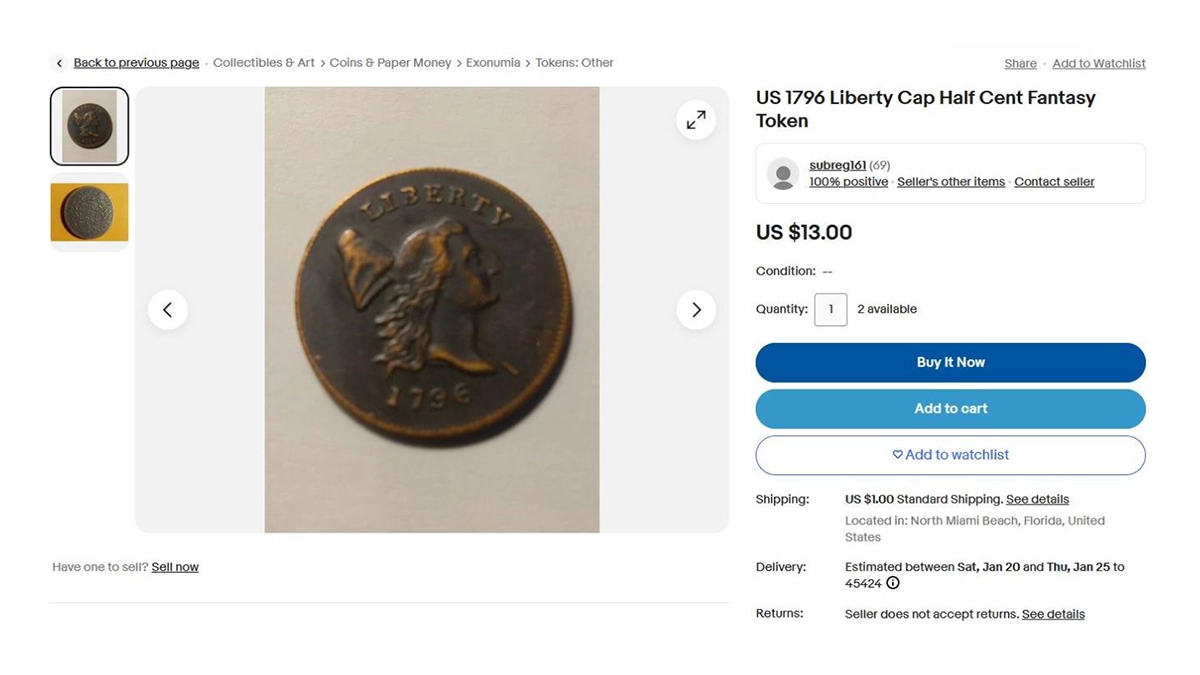 eBay listing for 1797 "Fantasy Token"
