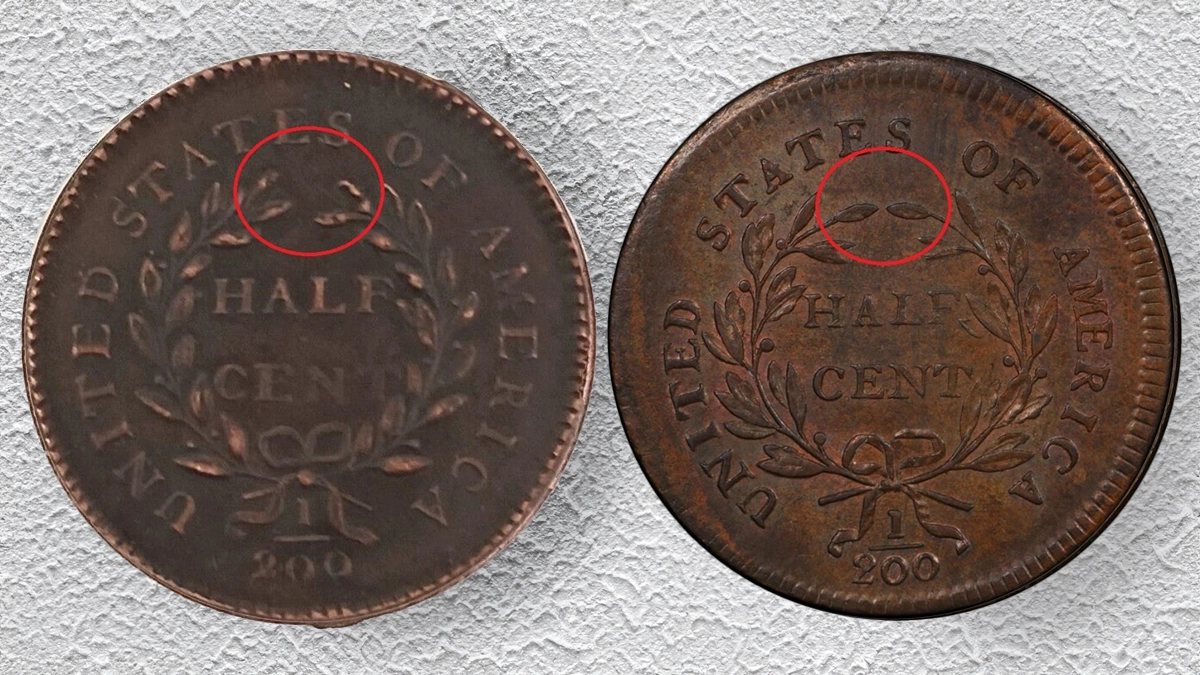 Comparison of a fake and real 1796 Liberty Cap cent.
