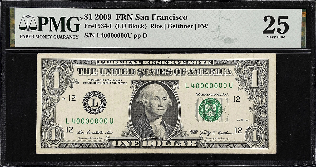 Fr. 1934-L. 2009 $1 Federal Reserve Note. San Francisco. PMG Very Fine 25. Image: Stack's Bowers.