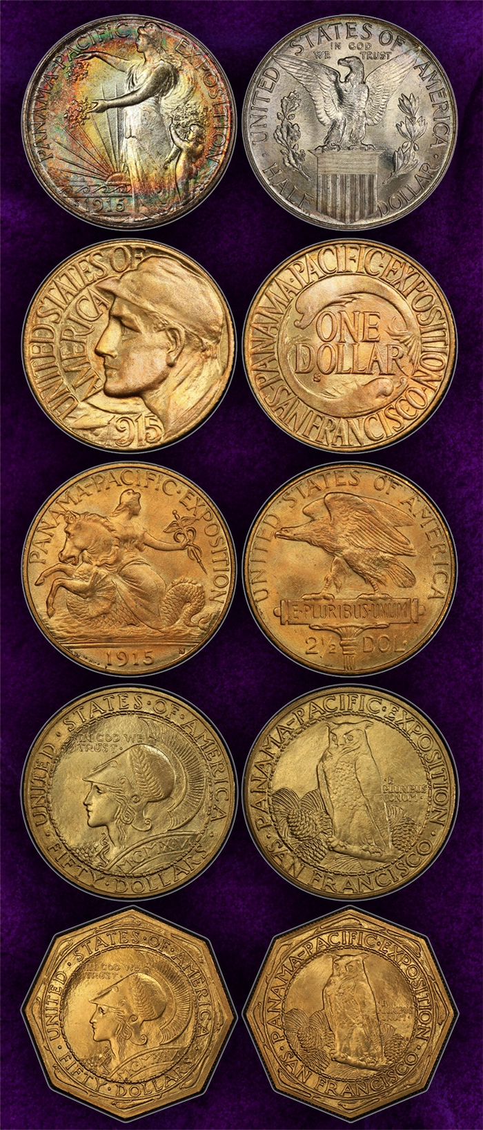 The 1915-S Panama-Pacific Half Dollar, Gold Dollar, Quarter Eagle, and Round and Octagonal $50 coins. Courtesy of PCGS TrueView.