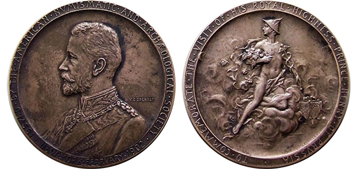Silver Medal of Visit of Prince Henry of Prussia to U.S. Designed by Victor David Brenner and issued by the American Numismatic and Archaeological Society. Image: Yale University Art Gallery.