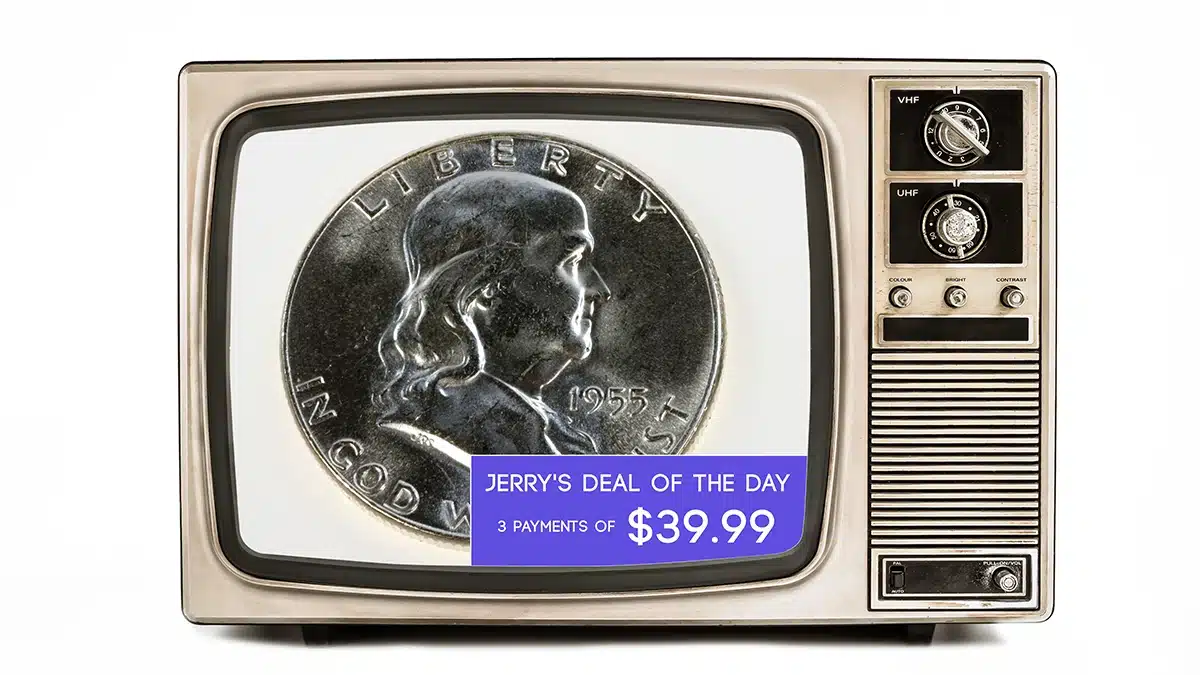 A CoinWeek illustration of a coin being sold on TV.