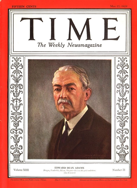 Adams was featured on the cover of the May 27, 1929 issue of Time Magazine.