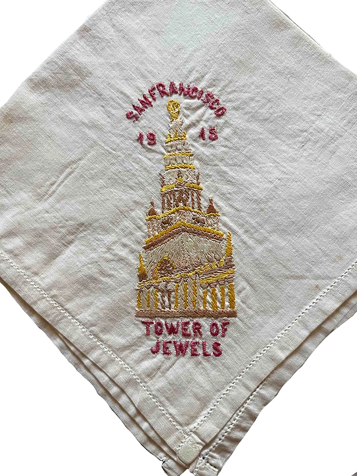 This collectible linen depicts an embroidered image of the Tower of Jewels. Courtesy of Vic Bozarth. 