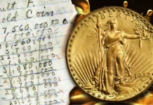 This is an illustration of a United States $20 gold coin alongside a ledger entry showing the daily melting of gold coins into gold ingots in 1937.