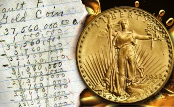 This is an illustration of a United States $20 gold coin alongside a ledger entry showing the daily melting of gold coins into gold ingots in 1937.