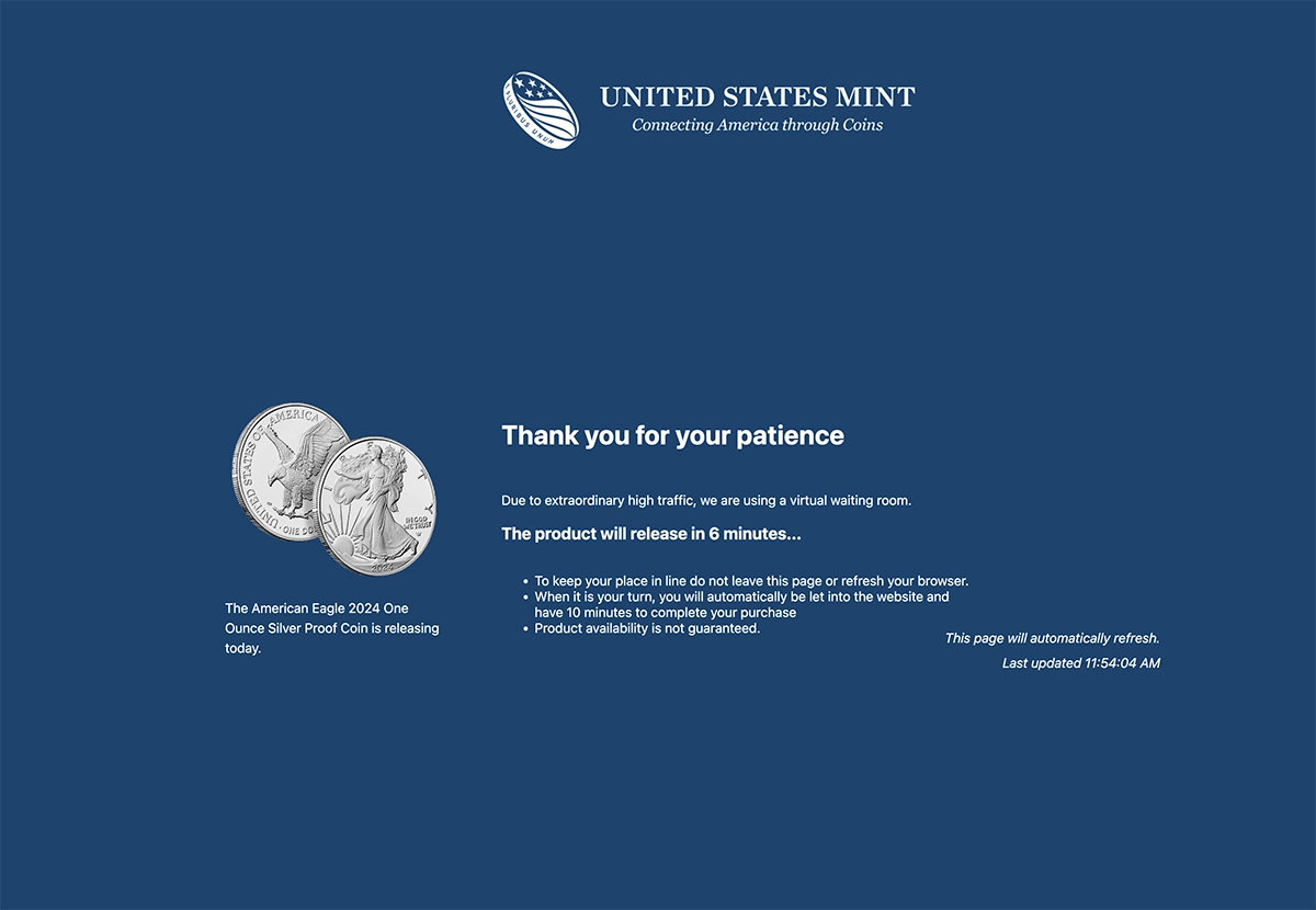 United States Mint 2024 American Silver Eagle Proof coin virtual waiting room screen from January 16, 2024.