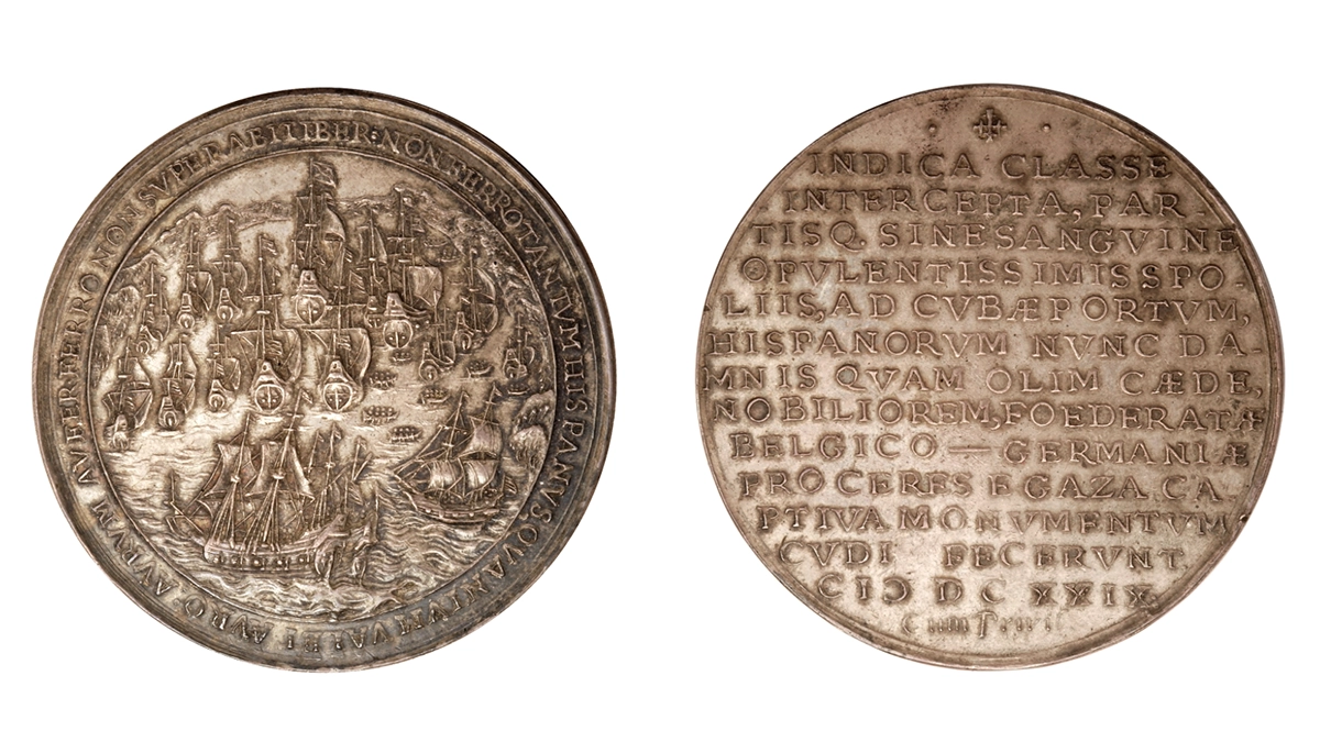Figure 1: Silver medal issued in 1629 commemorating the capture of a Spanish treasure fleet by the Dutch Admiral Piet Hein in September 1628 that netted nearly 90 tons of silver and gold for the Dutch. For a recent discussion of this medal see McDowell, The Early Betts Medal Companion, no. 24 (ANS 1905.57.391, gift of Daniel Parish, Jr.).