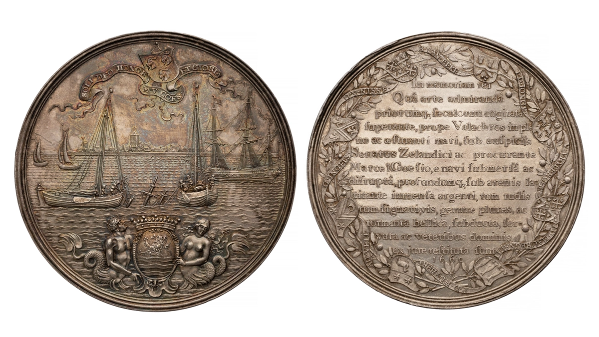 Figure 6: Silver medal issued in 1660 commemorating the salvage of the shipwreck of the Wapen van de Prins (ANS 1908.277.10, gift of Daniel Parish, Jr.).