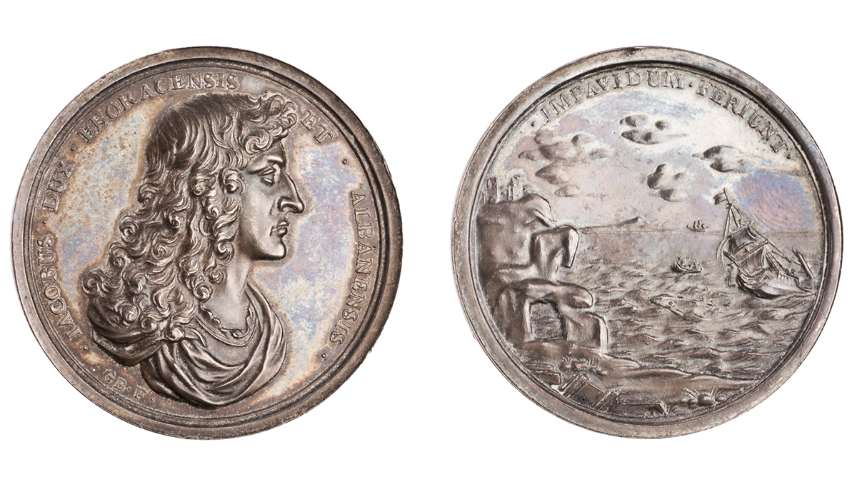 Figure 10: Silver medal by George Bowers issued in 1682 commemorating the wreck of HMS Gloucester and the sparing of the Duke of York’s life (ANS 0000.999.34645).