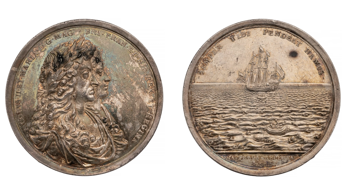 Figure 7: Silver medal by George Bowers issued in 1687 commemorating the salvage of the shipwreck of the Nuestra Señora de la Limpia y Pure Concepción, which is taking place in the foreground of the reverse side of the medal. The Latin inscription Naufraga Reperta can be translated “shipwrecked [goods] recovered.” (ANS 0000.999.34762).